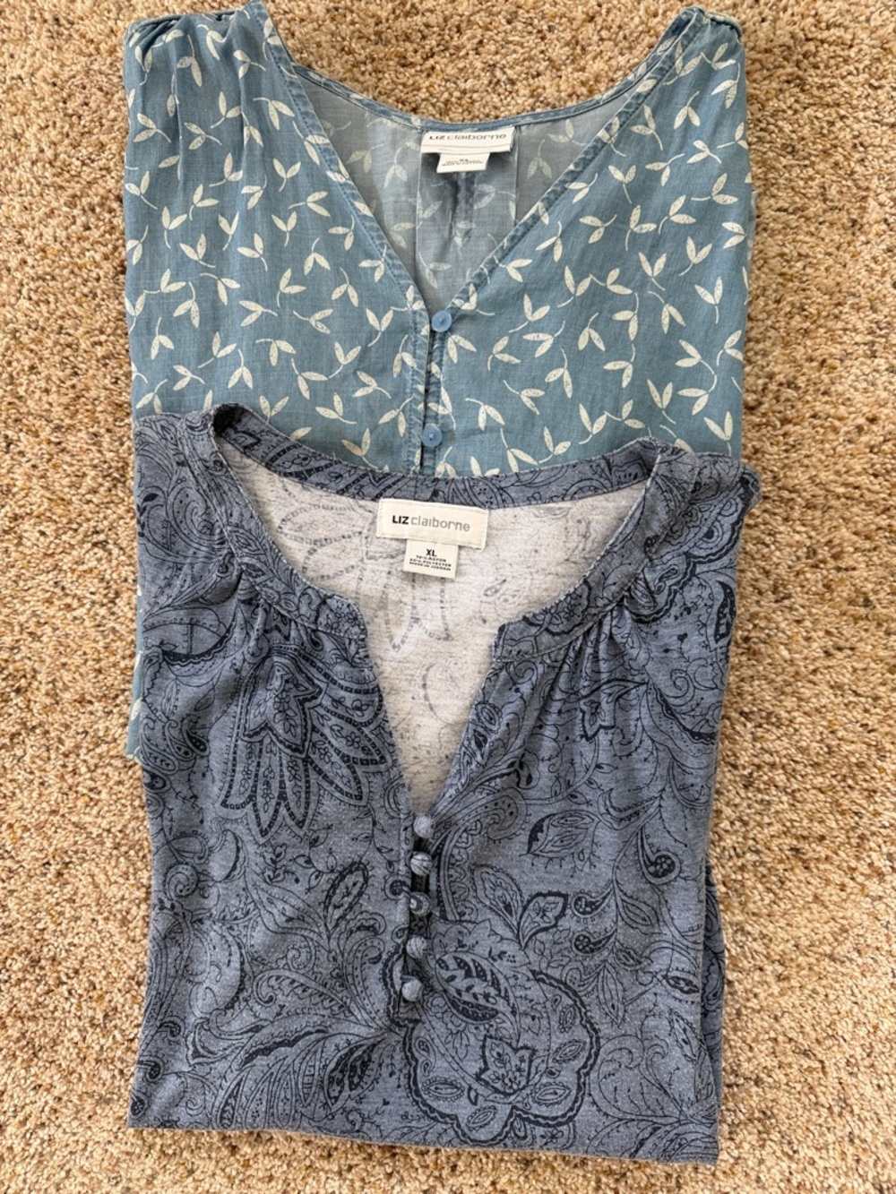 TWO Liz Claiborne short sleeve tops.  Blue Paisley & Blue Floral Tops - Size XL